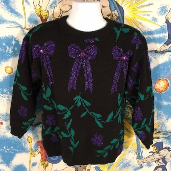 vintage sweater w Purple Ribbons Bows and Flowers - fits M - - Picture 1 of 4